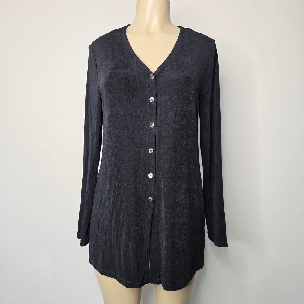 Chico's Cardigan Women 1 Black Travelers Button Long Sleeve Stretch Slinky Knit